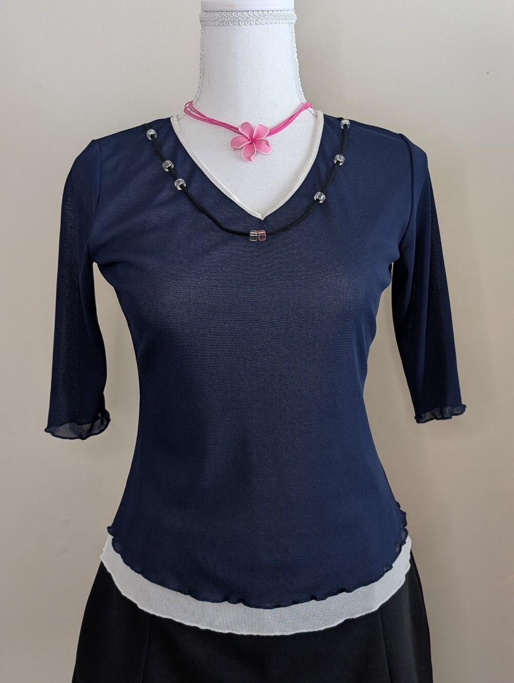 Y2K Mesh Navy Beaded Short Sleeve Women's Top